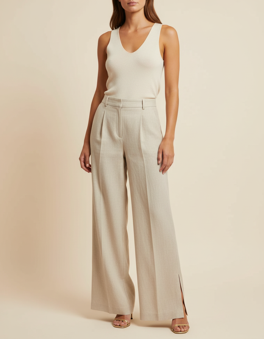 Pantalon Beige Plissé Fluide Taille Haute Fendu - Lin