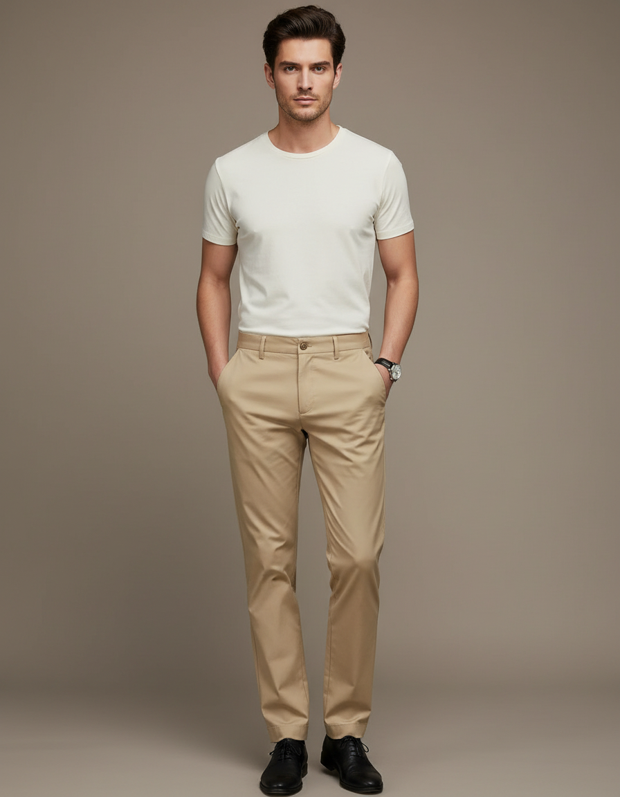 Pantalon Beige Homme Décontracté Chino Slim Élégant - Gabardine