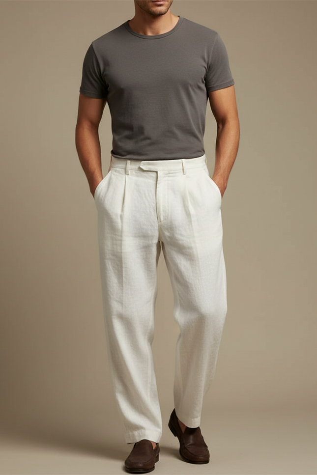 Pantalon Beige Lin Ample Plissé Décontracté Homme