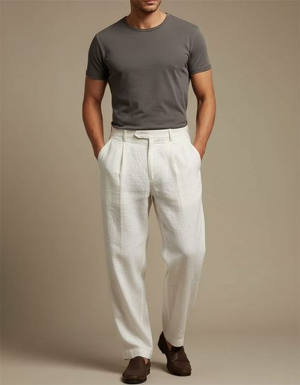 Pantalon Beige Lin Ample Plissé Décontracté Homme