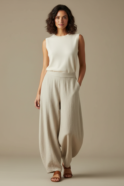 Pantalon Beige Ample Lin Coton Vintage Élastique