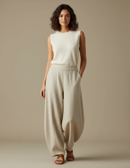 Pantalon Beige Ample Lin Coton Vintage Élastique