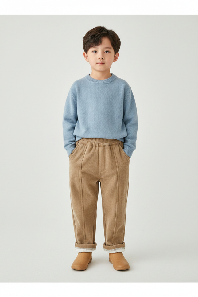 Pantalon Beige Côtelé Droit Ample Décontracté Enfant - Camel Cordé