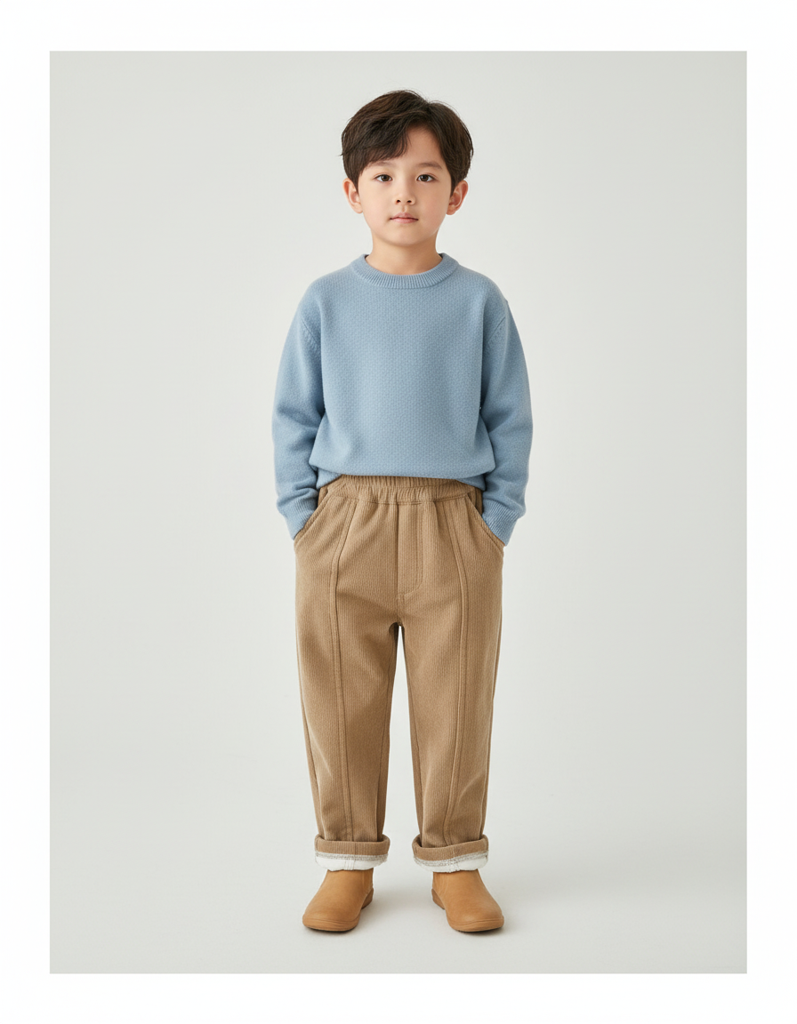 Pantalon Beige Côtelé Droit Ample Décontracté Enfant - Camel Cordé