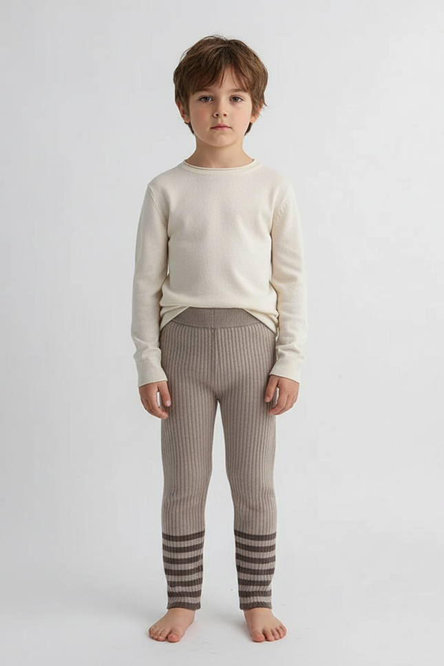Pantalon Beige Tricoté Côtelé Rayures Enfant - Maille