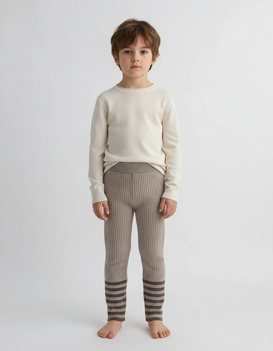Pantalon Beige Tricoté Côtelé Rayures Enfant - Maille
