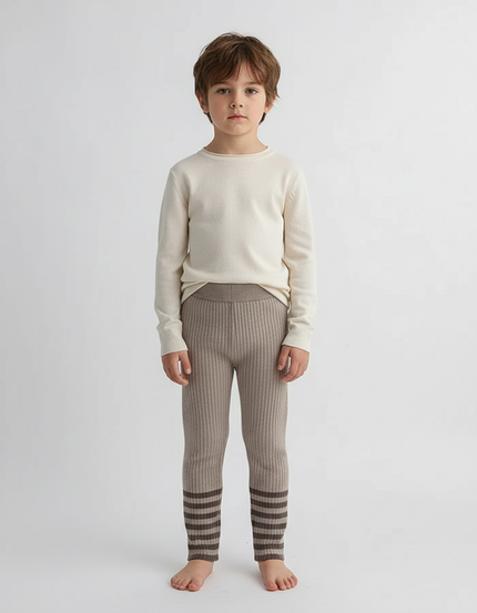 Pantalon Beige Tricoté Côtelé Rayures Enfant - Maille