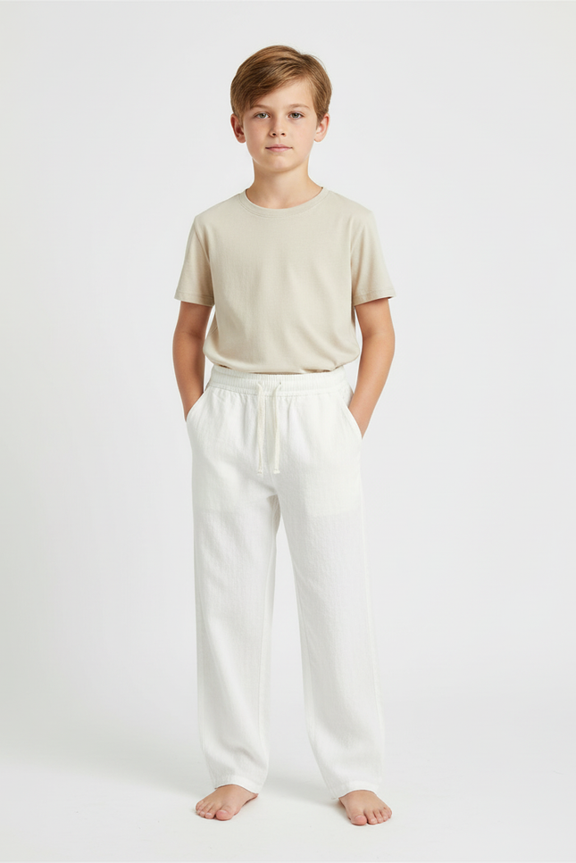Pantalon Beige Lin Ample Décontracté Enfant - Blanc