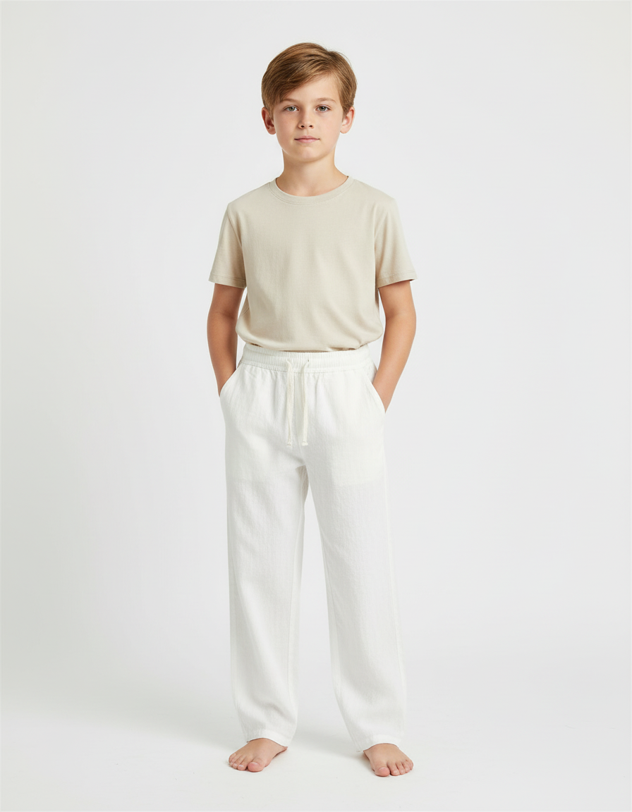Pantalon Beige Lin Ample Décontracté Enfant - Blanc