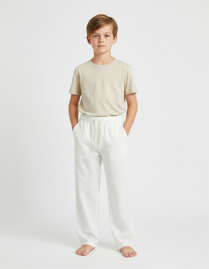 Pantalon Beige Lin Ample Décontracté Enfant - Blanc