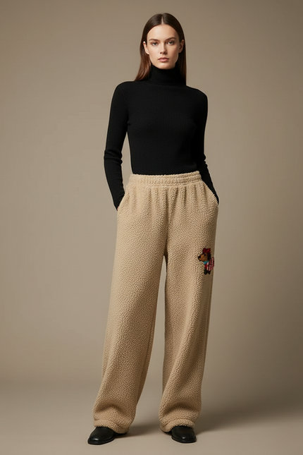 Pantalon Beige Polaire Ample Brodé Décontracté Femme - Molleton