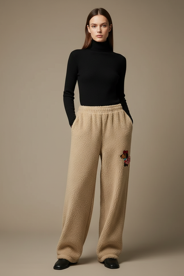 Pantalon Beige Polaire Ample Brodé Décontracté Femme - Molleton
