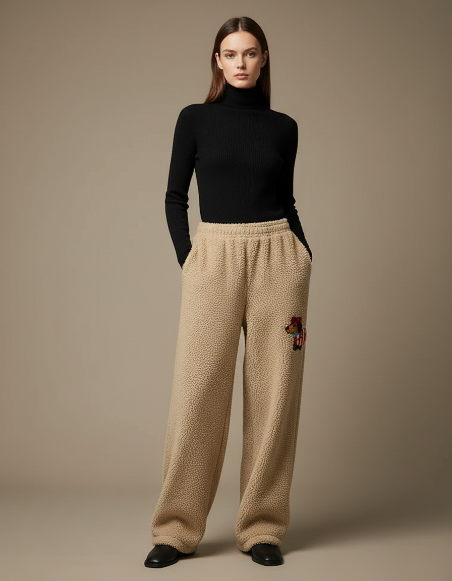 Pantalon Beige Polaire Ample Brodé Décontracté Femme - Molleton