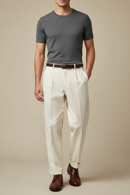 Pantalon Beige Plissé Élégant Décontracté Homme Coton