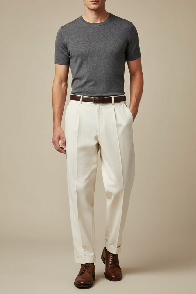 Pantalon Beige Plissé Élégant Décontracté Homme Coton