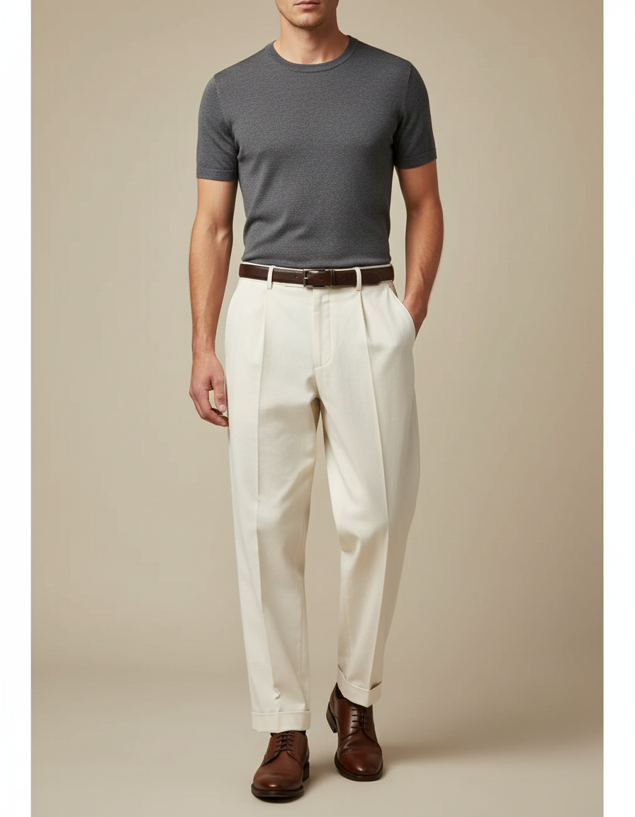 Pantalon Beige Plissé Élégant Décontracté Homme Coton