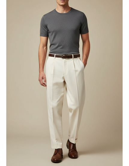 Pantalon Beige Plissé Élégant Décontracté Homme Coton
