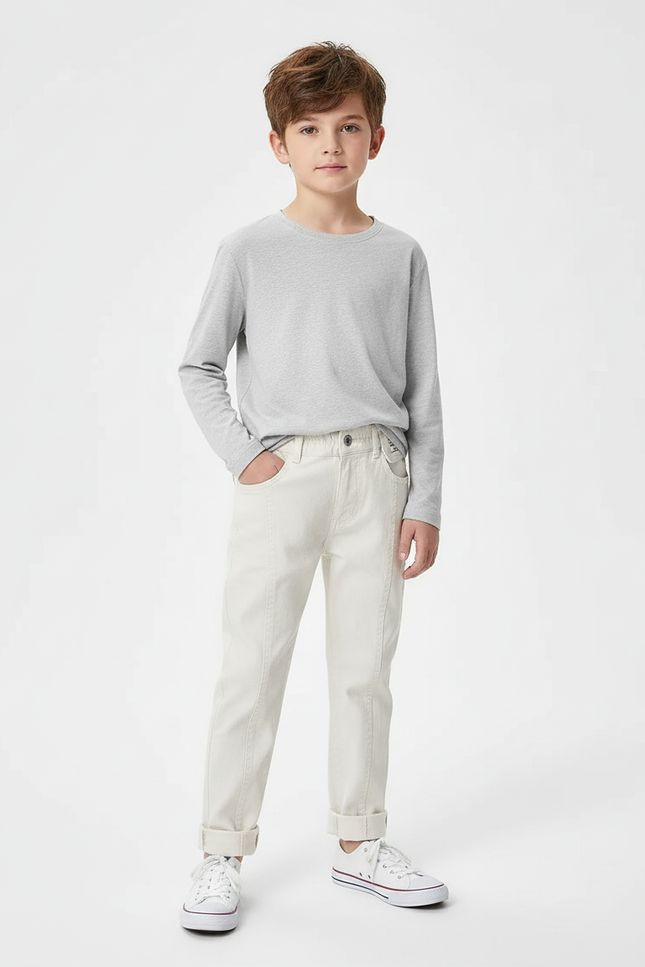 Pantalon Beige Coton Décontracté Garçon Slim Uni