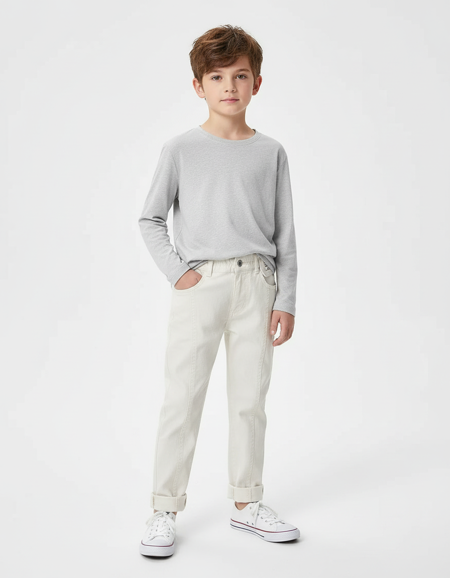 Pantalon Beige Coton Décontracté Garçon Slim Uni