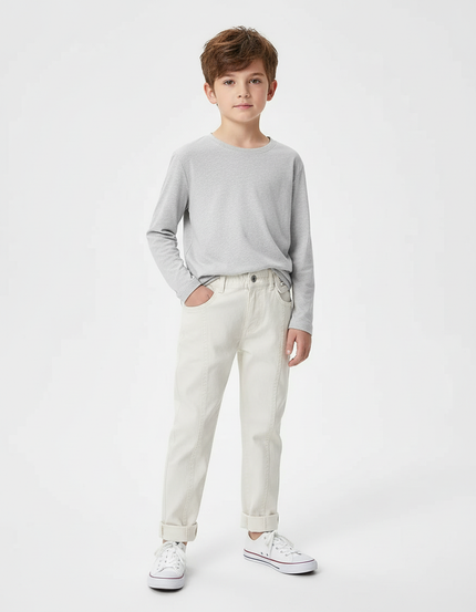 Pantalon Beige Coton Décontracté Garçon Slim Uni