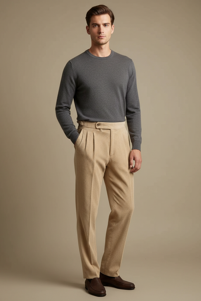 Pantalon Beige Côtelé Plissé Droit Homme Élégant - Cordé