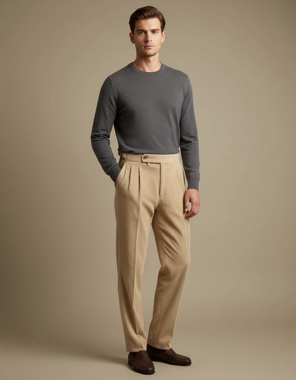 Pantalon Beige Côtelé Plissé Droit Homme Élégant - Cordé