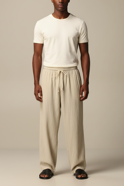 Pantalon Beige Coton Droit Confortable Homme Décontracté - Lin