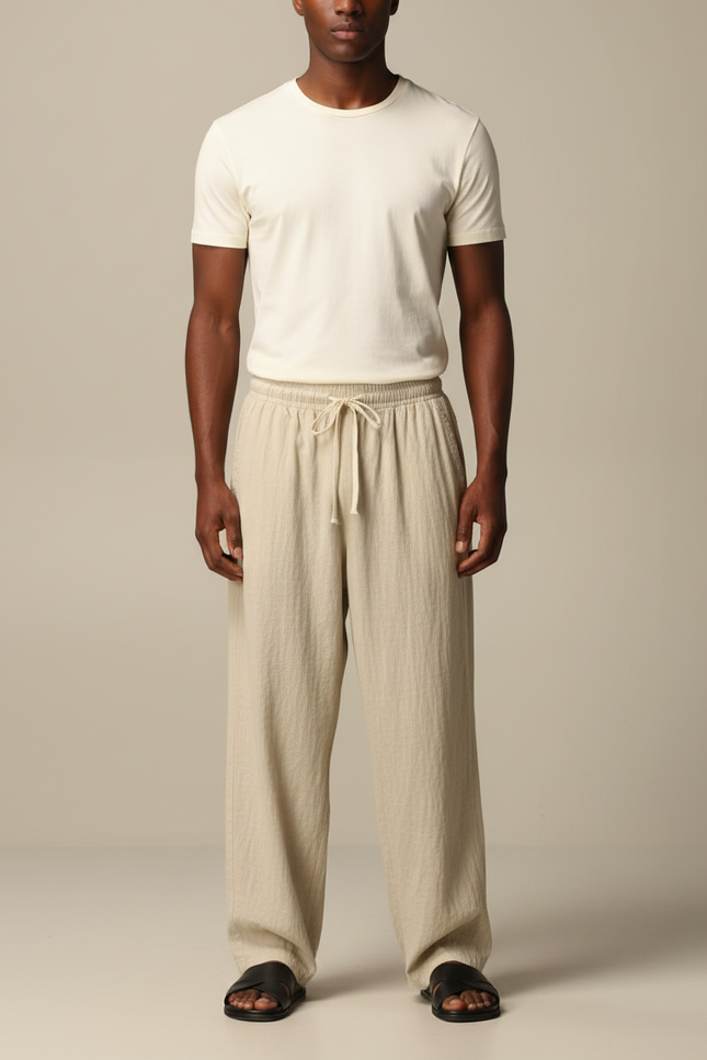 Pantalon Beige Coton Droit Confortable Homme Décontracté - Lin