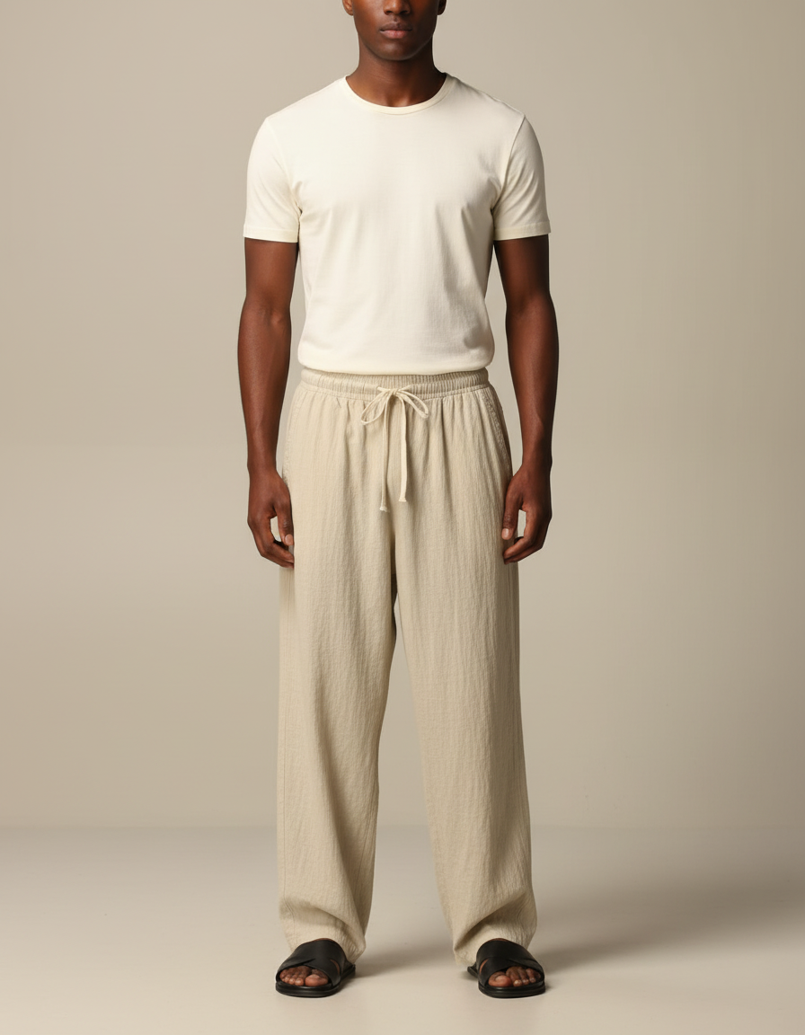 Pantalon Beige Coton Droit Confortable Homme Décontracté - Lin
