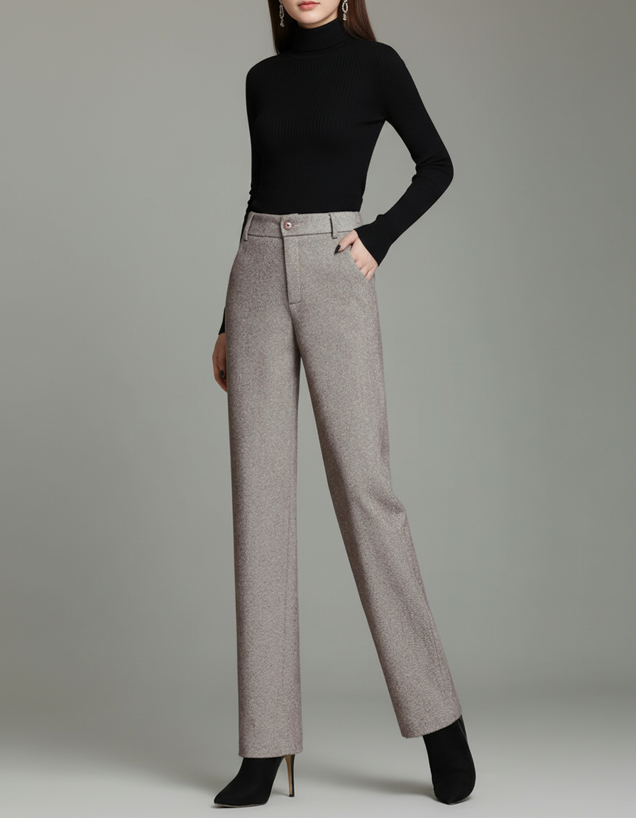 Pantalon Beige Droit Épais Chaud Femme - Tweed