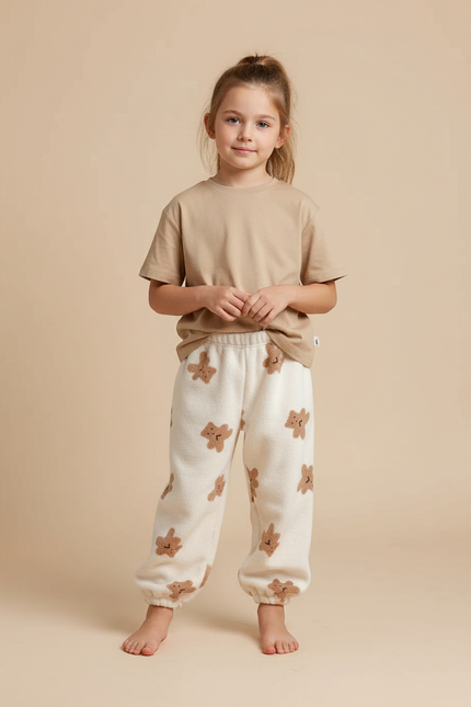 Pantalon Beige Molletonné Oursons Confortable Enfant
