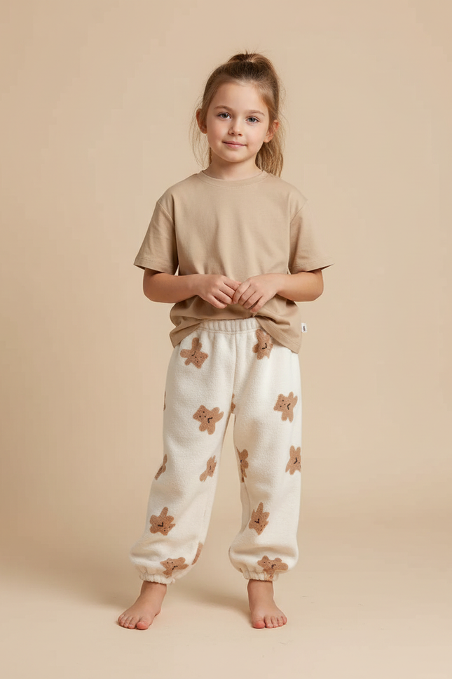 Pantalon Beige Molletonné Oursons Confortable Enfant