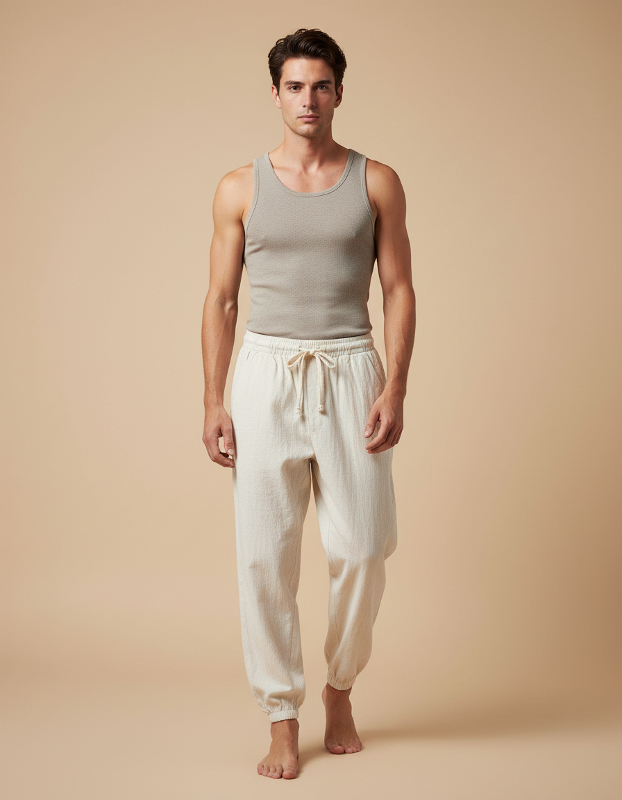 Pantalon Beige Lin Cordon Décontracté Ample Homme