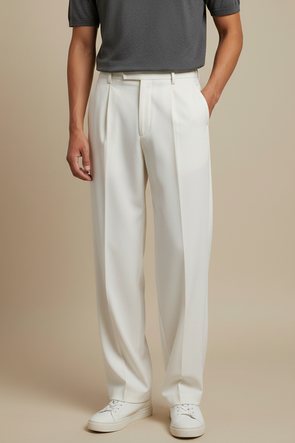 Pantalon Beige Élégant Plissé Droit Formel Homme - Gabardine