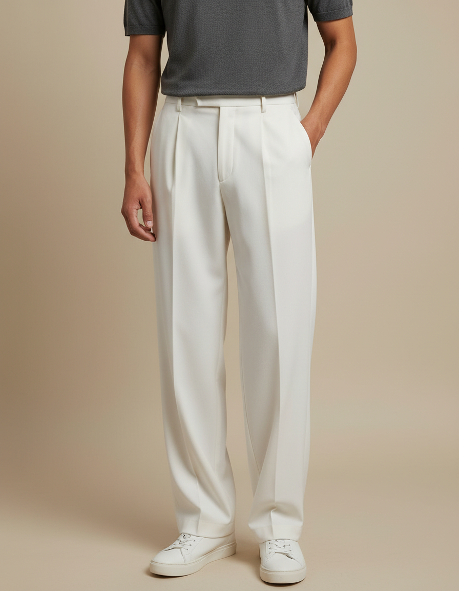 Pantalon Beige Élégant Plissé Droit Formel Homme - Gabardine