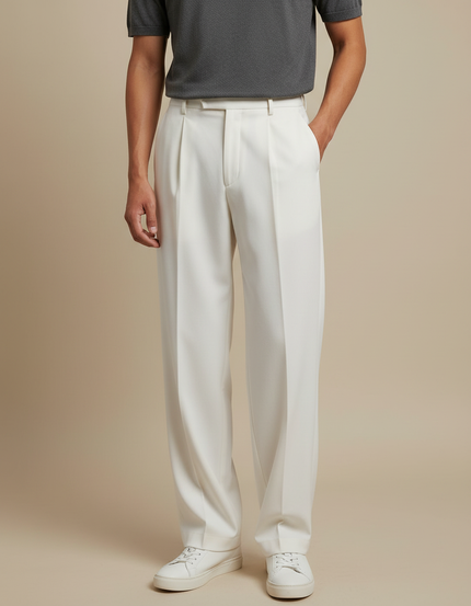 Pantalon Beige Élégant Plissé Droit Formel Homme - Gabardine