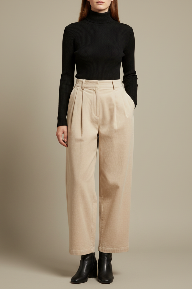 Pantalon Beige Large Plissé Élégant Femme - Cordé