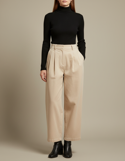 Pantalon Beige Large Plissé Élégant Femme - Cordé