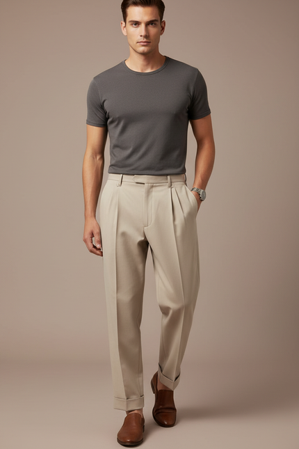 Pantalon Beige Homme Plissé Taille Haute Élégant - Gabardine