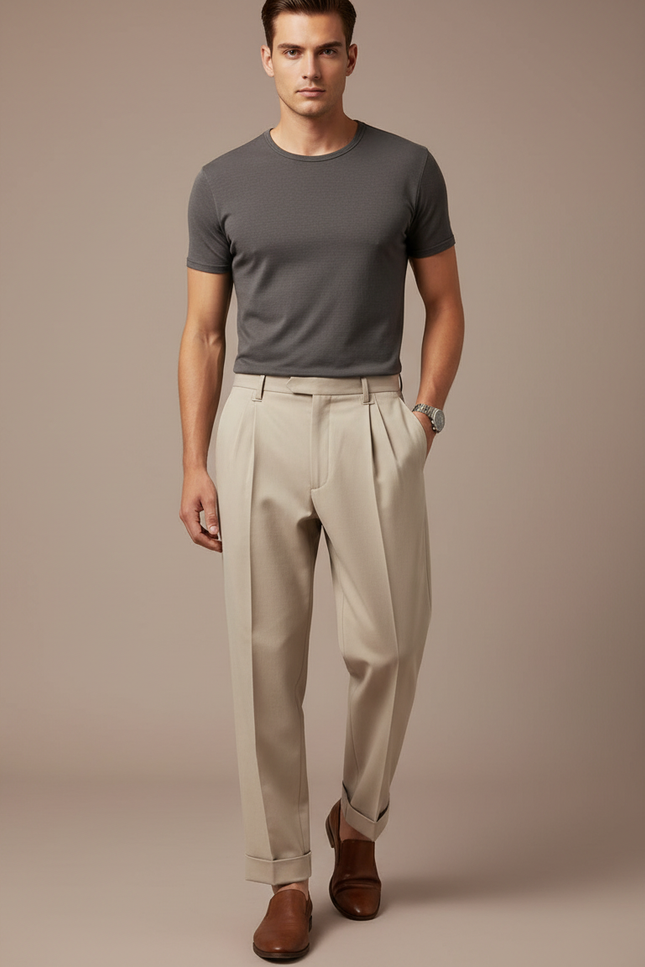 Pantalon Beige Homme Plissé Taille Haute Élégant - Gabardine