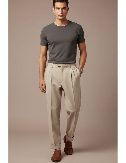 Pantalon Beige Homme Plissé Taille Haute Élégant - Gabardine