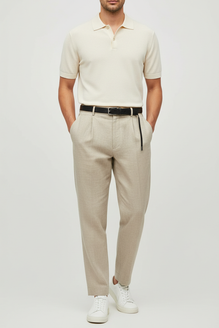 Pantalon Beige Plissé Décontracté Élégant Homme - Laine