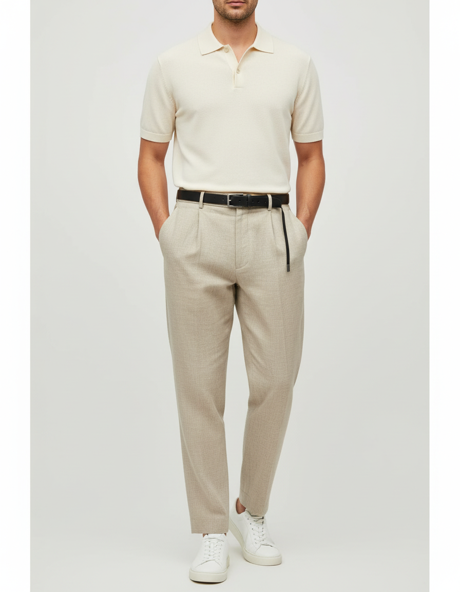 Pantalon Beige Plissé Décontracté Élégant Homme - Laine