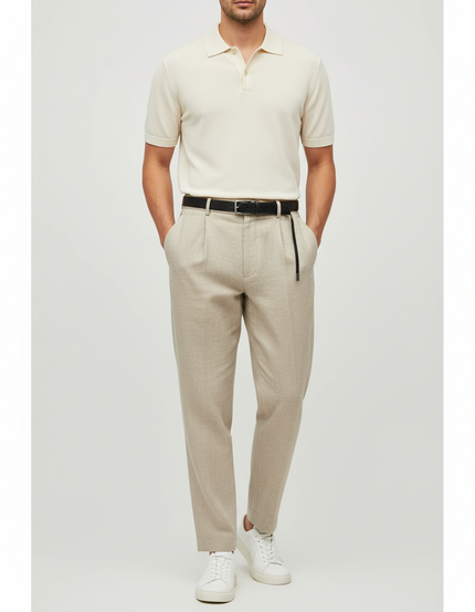 Pantalon Beige Plissé Décontracté Élégant Homme - Laine