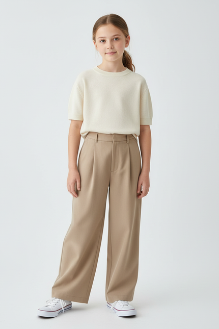 Pantalon Beige Enfant Plissé Ample Décontracté Droit - Gabardine