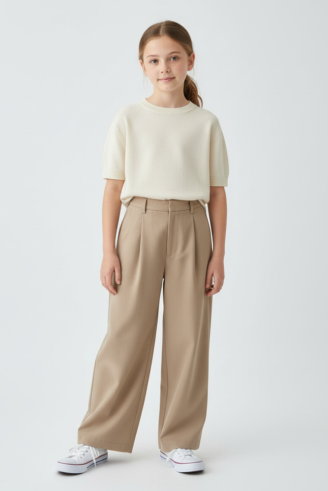 Pantalon Beige Enfant Plissé Ample Décontracté Droit - Gabardine