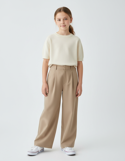 Pantalon Beige Enfant Plissé Ample Décontracté Droit - Gabardine