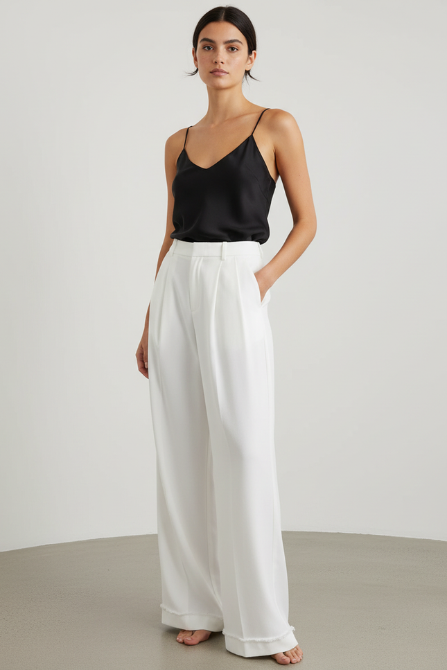 Pantalon Beige Plissé Ample Taille Haute Fluide - Blanc Viscose