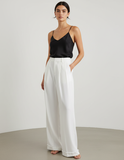 Pantalon Beige Plissé Ample Taille Haute Fluide - Blanc Viscose
