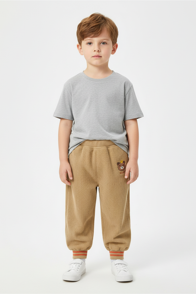 Pantalon Beige Côtelé Oursons Ample Décontracté Enfant - Cordé